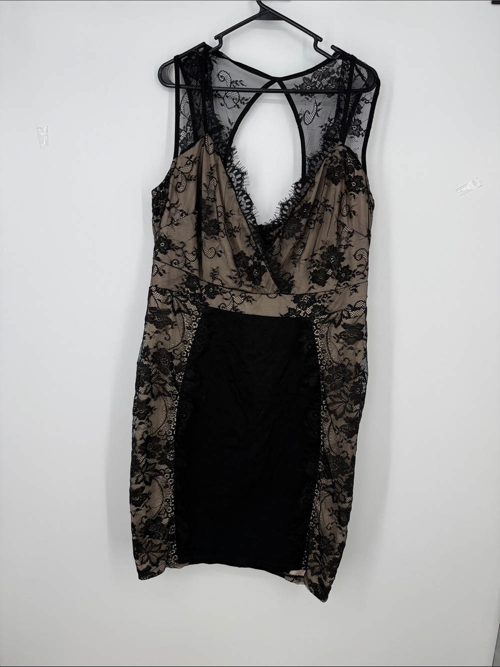 Fashion To Figure Lace-Overlay V-Neck Bodycon Dress in Beige and Black 2X